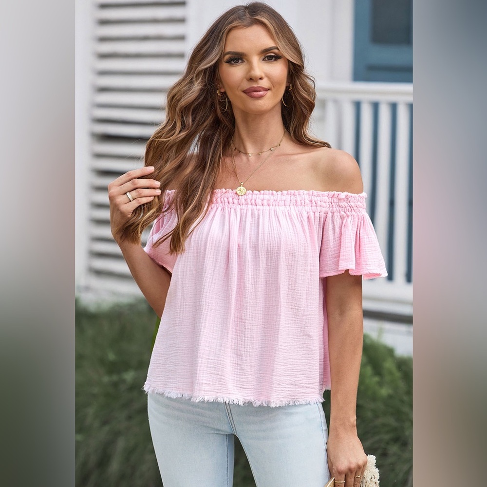 Off-Shoulder Short Sleeve Blouse Soft Cotton - Picture 7 of 13